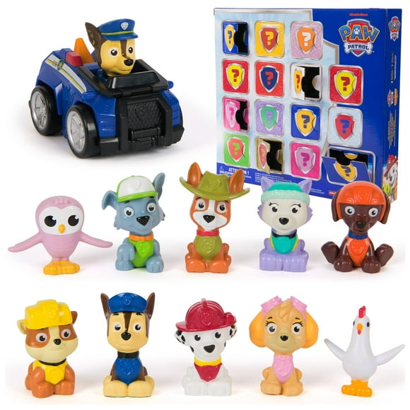 Caja de recompensas de Paw Patrol: 8 minifiguras, 2 figuras de animales, 4 hojas de pegatinas y 1 coche de carreras Pup Squad. Juguetes para niños y niñas a partir de 3 años.
