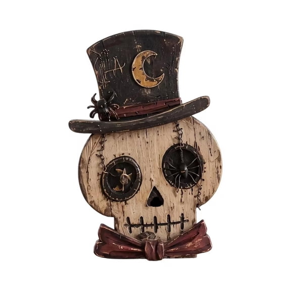 Tabletop Decor Vintage Wooden Skull Halloween Accent Rustic Distressed Design for Indoor Seasonal Home Display Halloween Gift