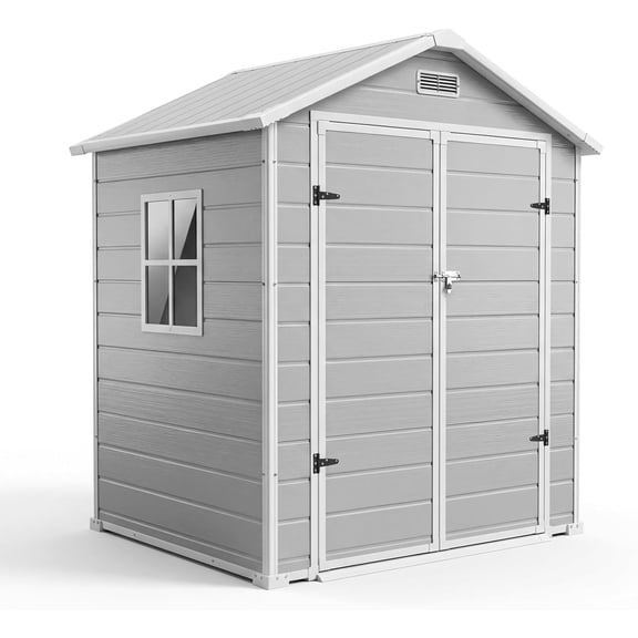 6x4 FT Outdoor Storage Shed with Floor, Plastic Resin Garden Shed with Window & Sloping Roof & Lockable Door for Patio Backyard Garden, Lawn Mower, Bike, Tool Storage