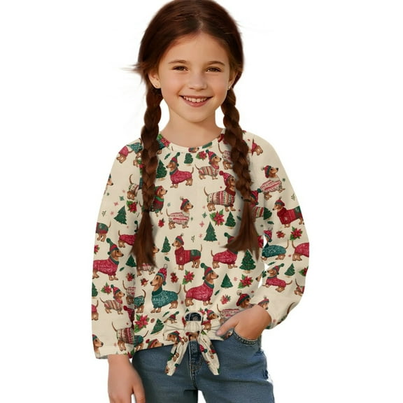 DISNIMO Girls Blouse with Tie Hem Christmas Dachshund Tree Print Long Sleeve Pullover Tops Casual Loose Tunic Blouse Shirts Fall Winter Clothes for Teens