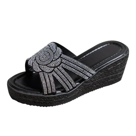 

Women s Summer Fashion Slope Heel Open Toe Sticky Diamond Slippers Outdoor Leisure Comfortable Sandal Slippers