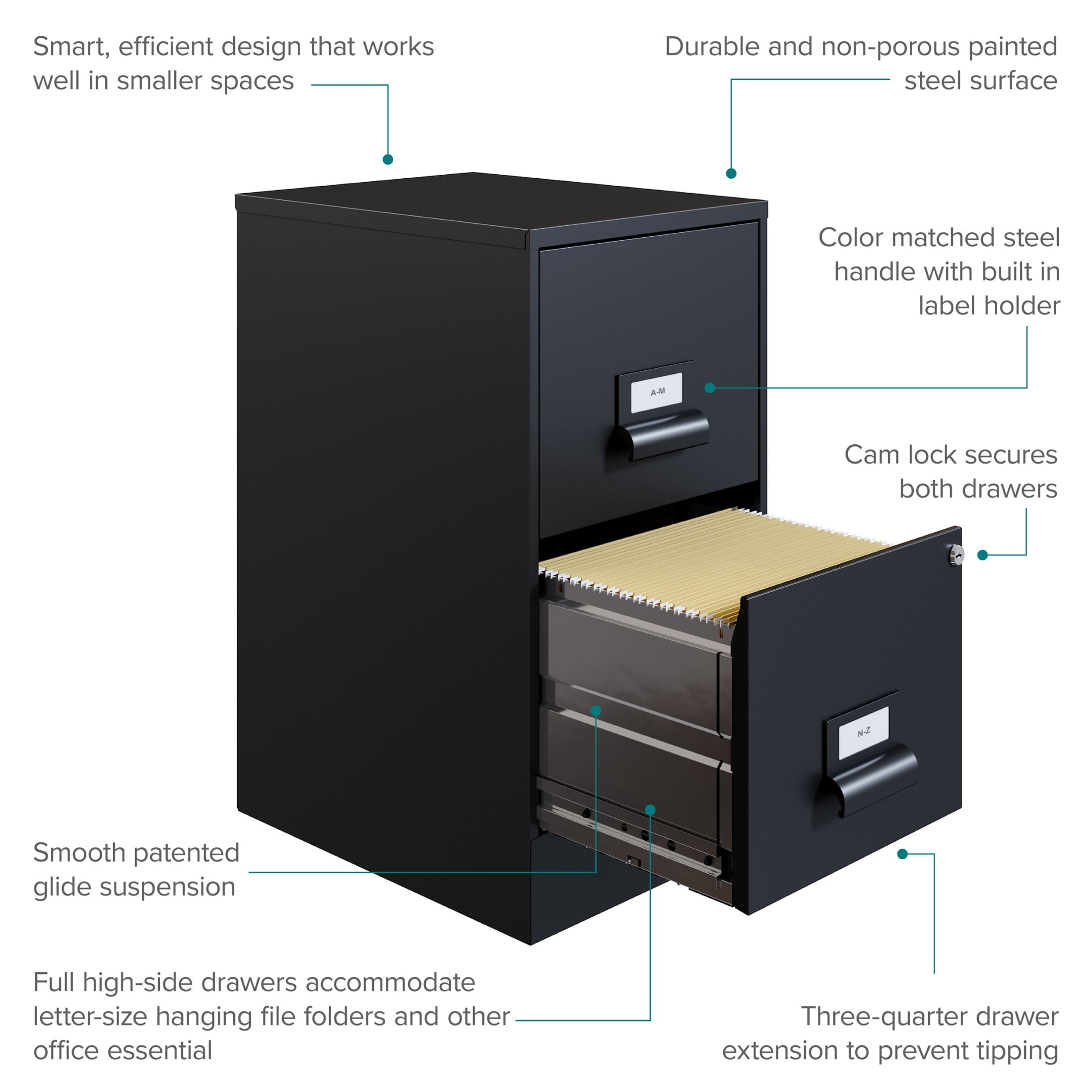 Space Solutions 18" Deep 2 Drawer Premier Letter Width Vertical File Cabinet, Locking, Black