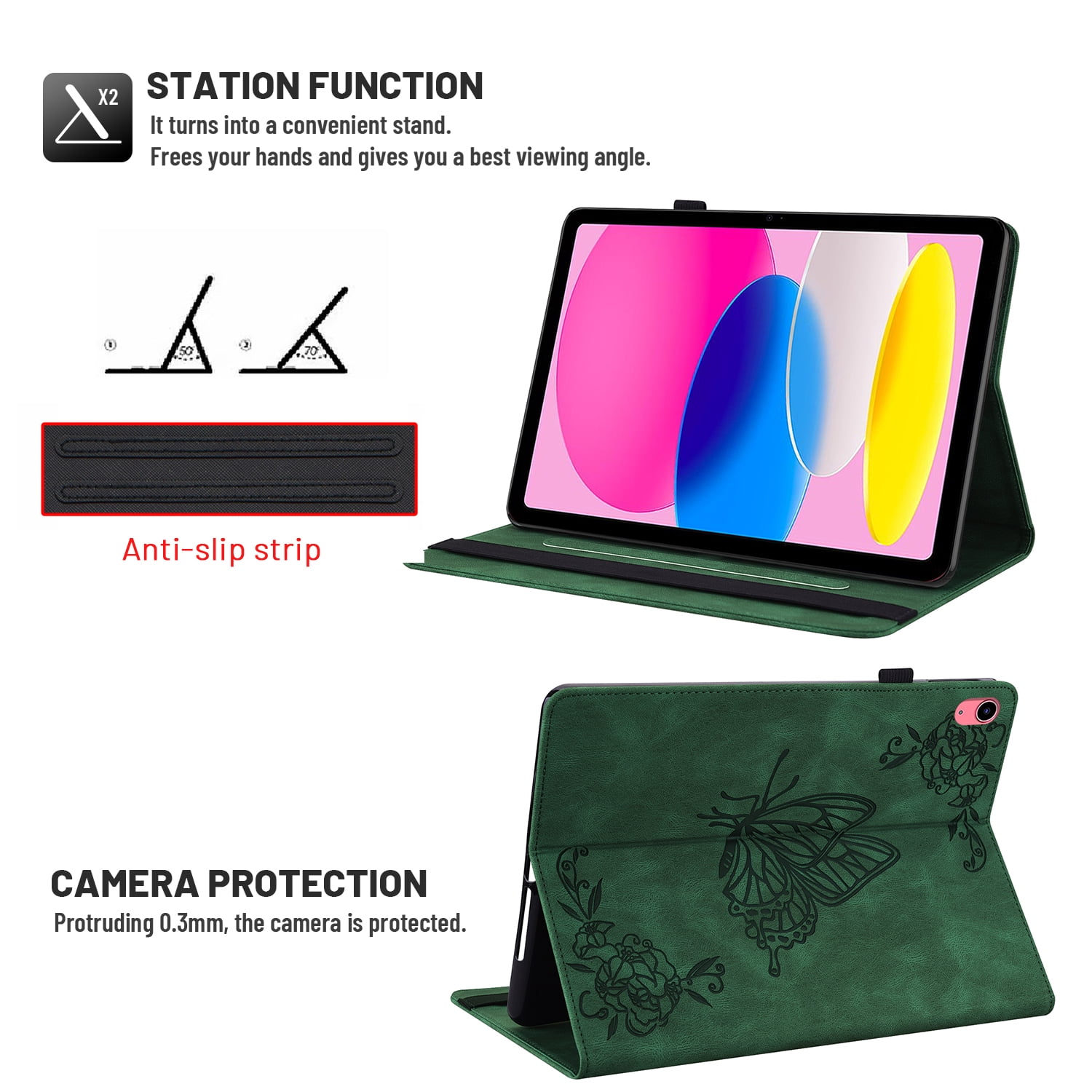 Elehold PU Leather Folio Case for Apple iPad (10th generation), Embossed Butterfly Leather Ultra Slim Kickstand Case with Auto Wake/Sleep Card Slots Pencil Holder Case ,Green