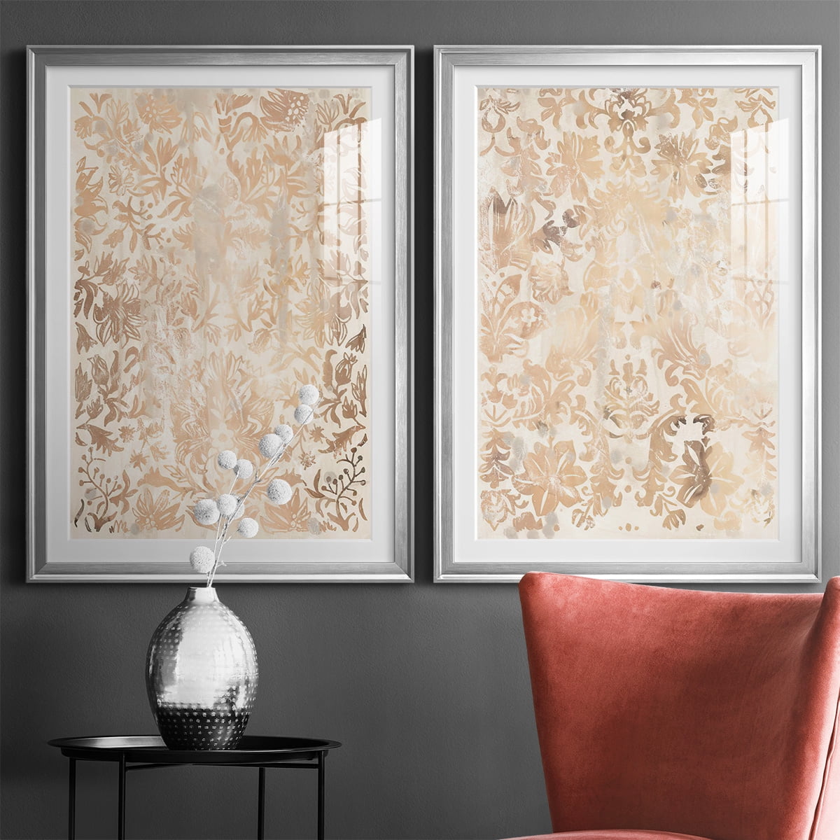 Wexford Home Walnut Damask I Premium Framed Print, 26.5" x 36.5" - Ready to Hang, Silver (Set of 2)