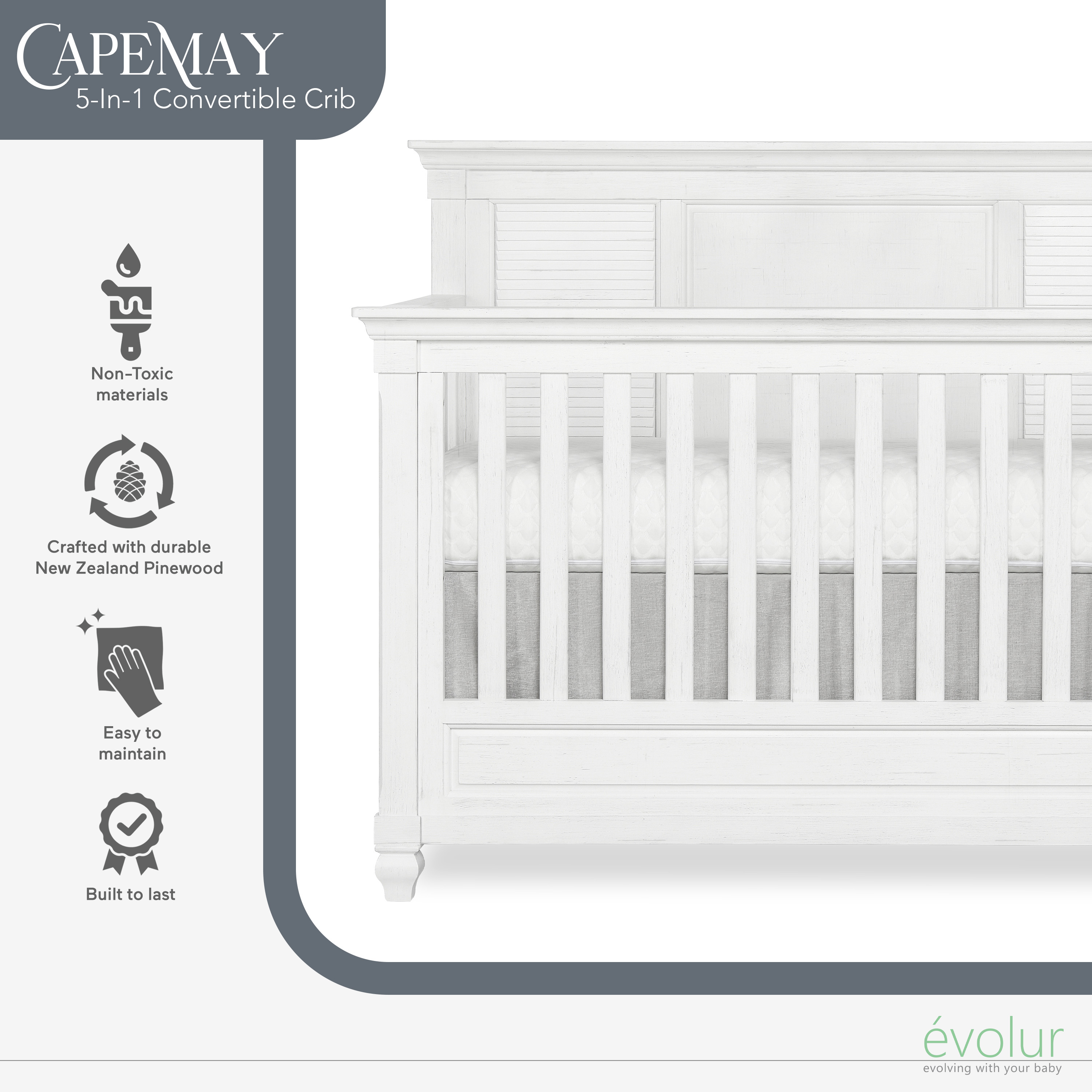 Evolur Signature Cape May 5-in-1 Full Panel Convertible Crib, White