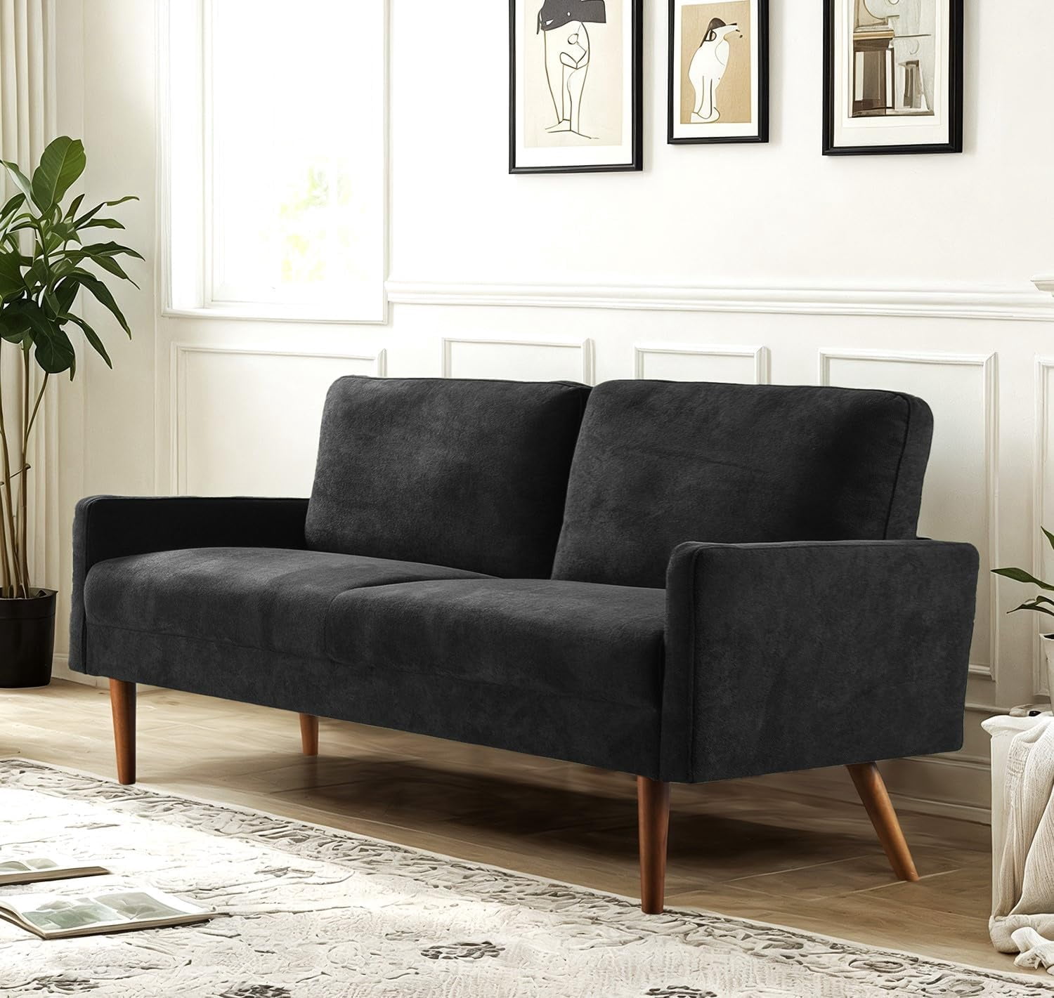 US Pride Furniture 67 in. Wide Square Arm Velvet Modern Rectangle Sofa in Black