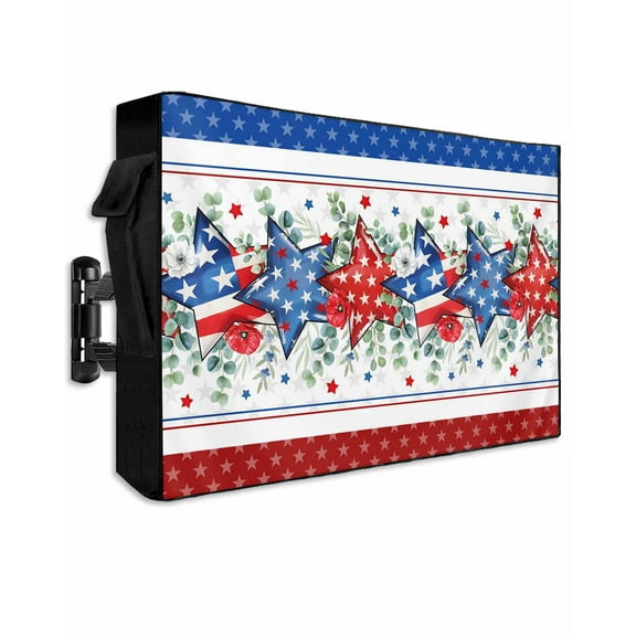Independence Day Outdoor TV Cover 52 to 55 Inch Weatherproof, Star Stripe Flag Eucalyptus Red Blue 600D Oxford TV Covers with Waterproof Zipper, Outside Flat TV Screen Protector Size 52"Wx19"Hx4.5"D