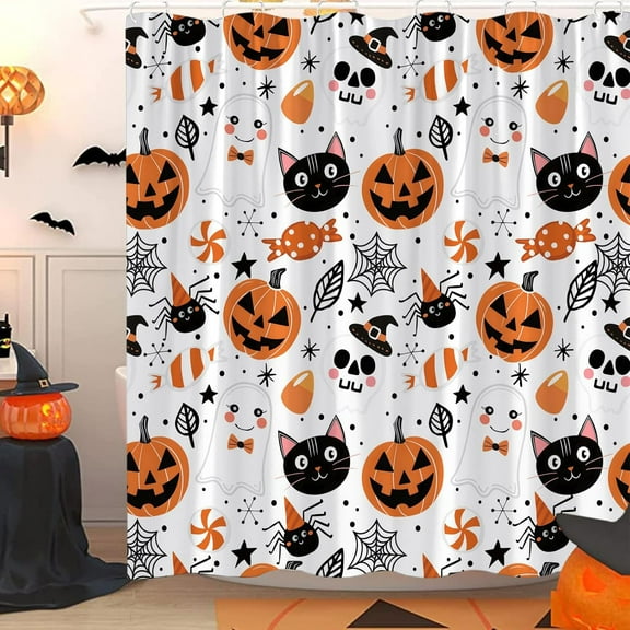Happy Halloween Shower Curtain Cute Cartoon Pumpkin Spooky Ghost Orange Pumpkin Head Icons Funny Black Cat Spider’s Web Skull Skeleton Witch Hat Fabric Bath Curtain Set with Hook