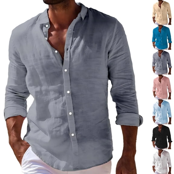 Cotton Linen Shirts for Men Long Sleeve Button Down Lapel Collar Tops Regular Fit Summer Daily Casual Shirts, #01 Gray, L