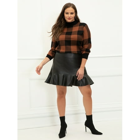 ELOQUII Elements Plus Size Oversized Plaid Intarsia Mock Neck Sweater