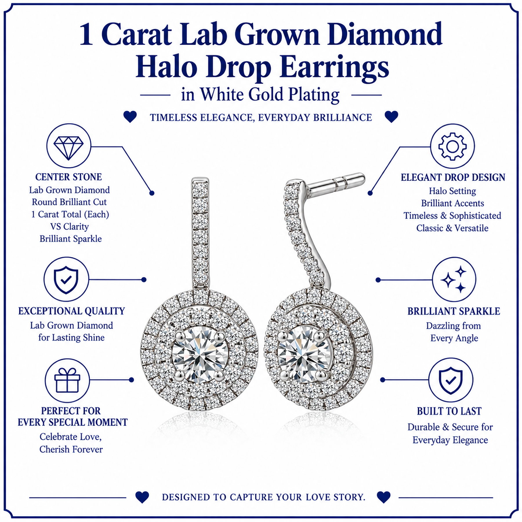 JeenMata 1 Carat Lab Grown Diamond Halo Drop Earrings photo 3