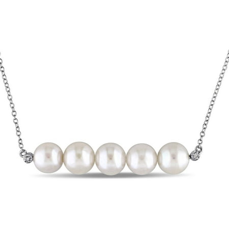 Miabella 8-8.5mm White Cultured Freshwater Pearl and Diamond-Accent Sterling Silver Linear Necklace, 17