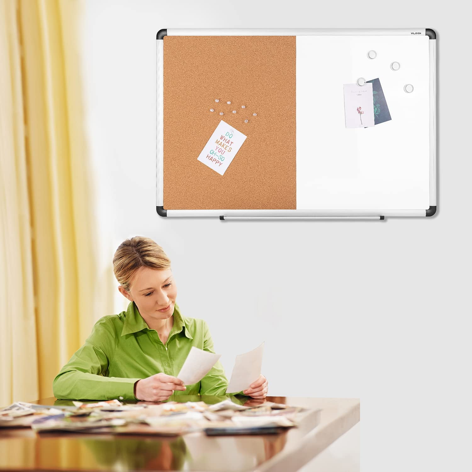 VUSIGN 2 in 1 Combo Whiteboard for Wall Magnetic Dry Erase Board Cork Combination Board 24" x 36" School Supplies