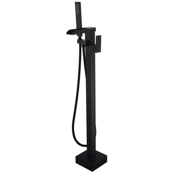 JERFIT Matte Black Freestanding Tub Filler with Hand Shower, Single Handle Floor Mount Waterfall Bathtub Faucet