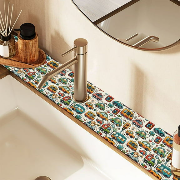 Faucet Mat for Kitchen Sink 30'' Sink Splash Guard Mat Super Absorbent Fast Drying Drain Pad Cartoon Cars Indicator Roadsign 2 Pack