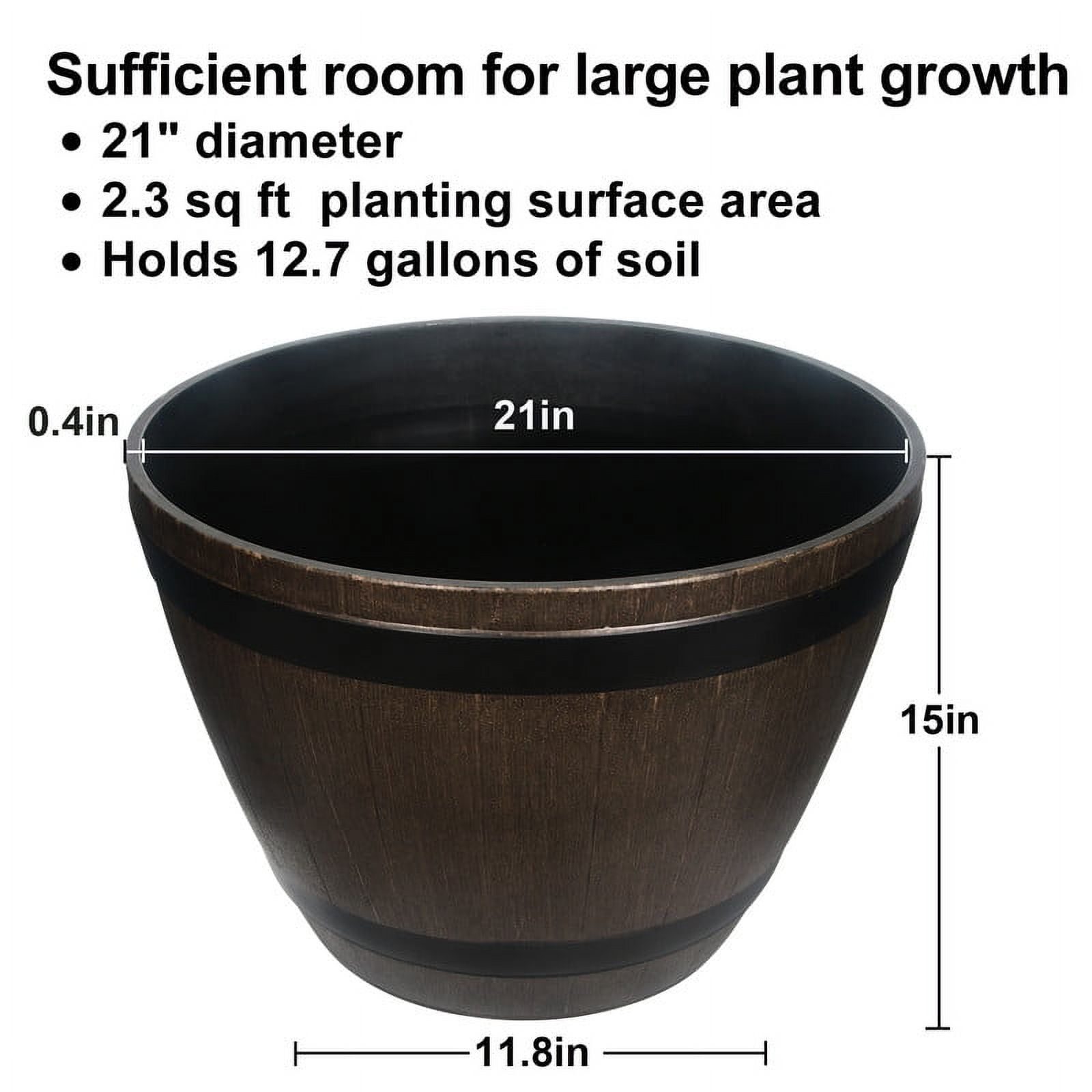 2Pcs 21" PVC Whiskey Planters - Extra-Large Drainage Hole Design, Rustic Outdoor/Indoor Garden Barrel Pots for Trees/Shrubs (Brown)