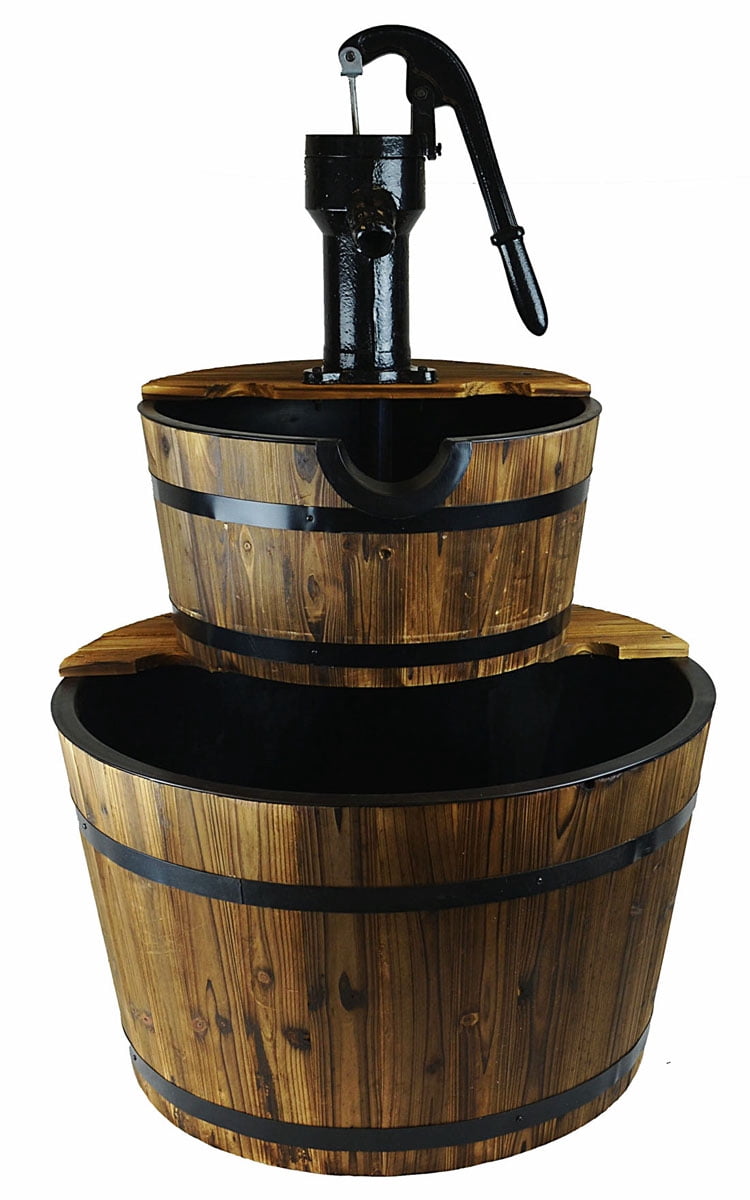 Westcharm Extra Large Cascading Water Fountain for Outdoor Outside Patio Yard | Decorative 2-Tier Wood Barrel Fountain with Pump | 37.5" Tall Garden Waterfall Fountain