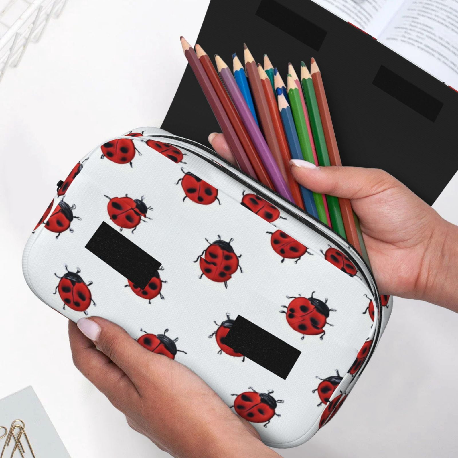 Large-Capacity Flip-Top Double-Layer Pencil Case, Multi-Functional Pocket Pen Case, Durable Stationery Organizer Ladybug On An White Background (6)