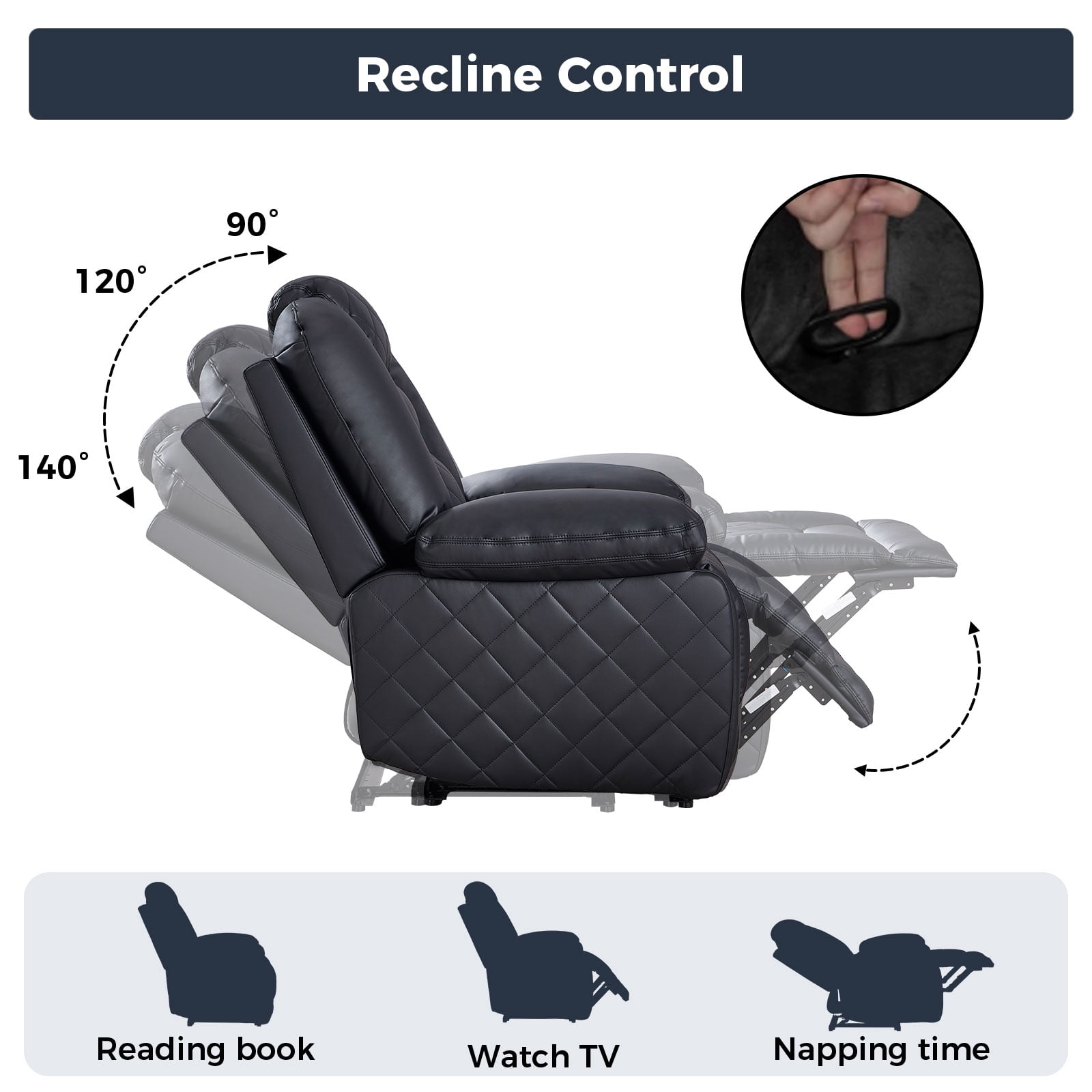 Bonzy Home Manual Recliner Chair, Modern Single‑Seat Reclining Sofa with Padded Armrests and Adjustable Backrest for Living Room & Bedroom, Black