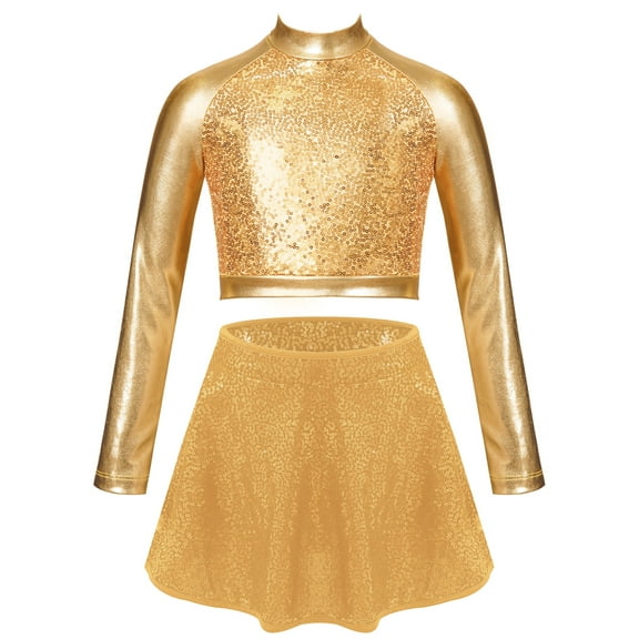 Haitryli Kids Girls Hip Hop Jazz Latin Dance Outfit Sequin Long Sleeve T-Shirt Crop Top with Skirt Set for Competition Gold 10