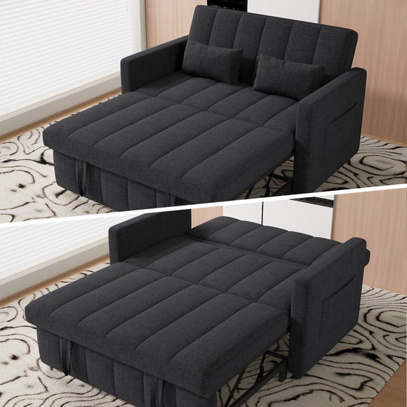 Hawsaiy 3-in-1 Convertible Sleeper Sofa Bed, Pull Out Loveseat Couch with 5-Level Adjustable Backrest, Metal Frame, Side Pockets & Pillows, Easy Assembly, Dark Gray