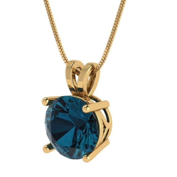 3 ct Brilliant Round Cut Solitaire VVS1 Genuine Blue Natural London Blue Topaz Solid 14k Yellow Solid Gold Everyday Affordable Designer Necklace Pendant with 18" Solid Gold Chain by Clara Pucci