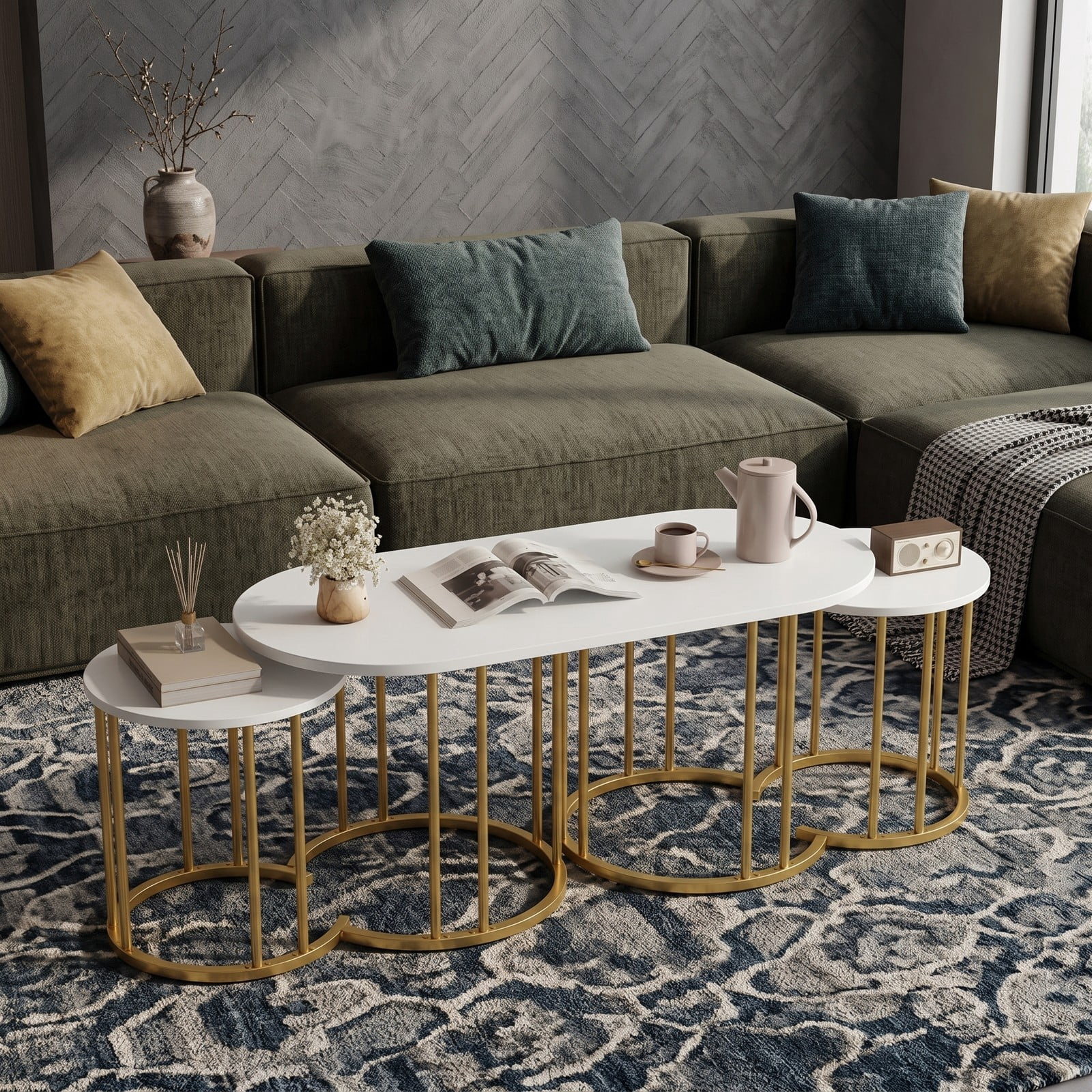 Furnibear Nesting Coffee Table Set of 3, Faux Marble Coffee Tables with Powder-Coated Gold Metal Frame, Modern Space-Saving Stackable End Side Tables for, White & Gold