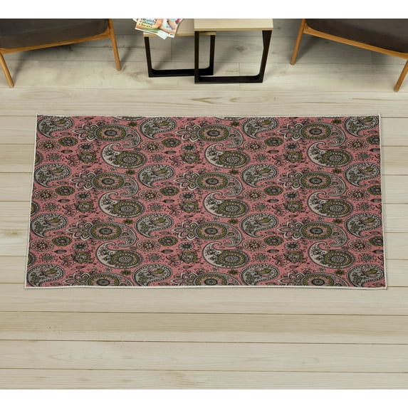Paisley Decorative Rug, Vintage Inspired Multicolored Leaf Flower Motif Traditional Folkloric Pattern, Quality Carpet for Bedroom Dorm and Living Room, 6 Sizes, Coral Khaki, by Ambesonne