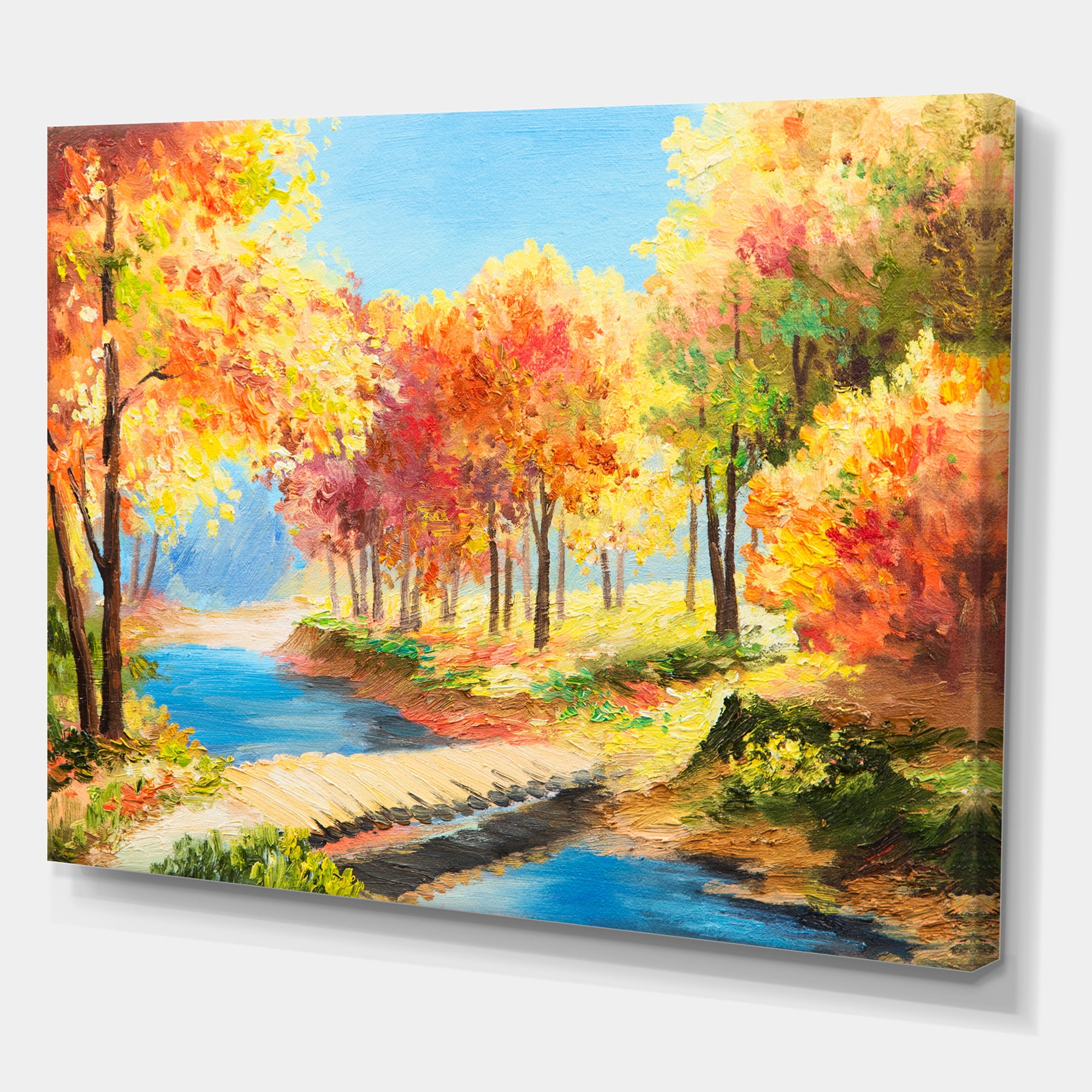 Designart ' Orange and Yellow Trees By The Riverside ' Lake House Canvas Wall Art Print