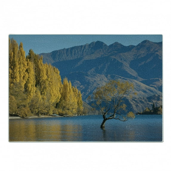 Nature Cutting Board, Sunken Tree Lake on Mountain Range Exquisite Rural New Zealand Scenery, Decorative Tempered Glass Cutting and Serving Board, Small Size, Earth Yellow Pale Blue, by Ambesonne