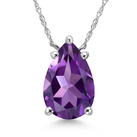Gem Stone King 14K White Gold Purple Amethyst Pendant Necklace for Women | 2.65 Cttw | Gemstone February Birthstone | Pear Shape 12X8MM | With 18 inch Chain