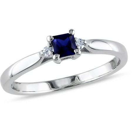 1/3 Carat T.G.W. Princess-Cut Created Blue Sapphire and Diamond-Accent Sterling Silver Engagement
