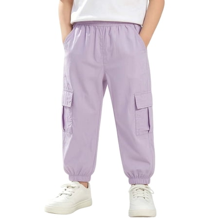 nerohusy Girls Cargo Jogger Pants Summer Boys Elastic Waist School Uniform Pants Casual Full Length Pants with Multi Pockets Purple 6-7 Years