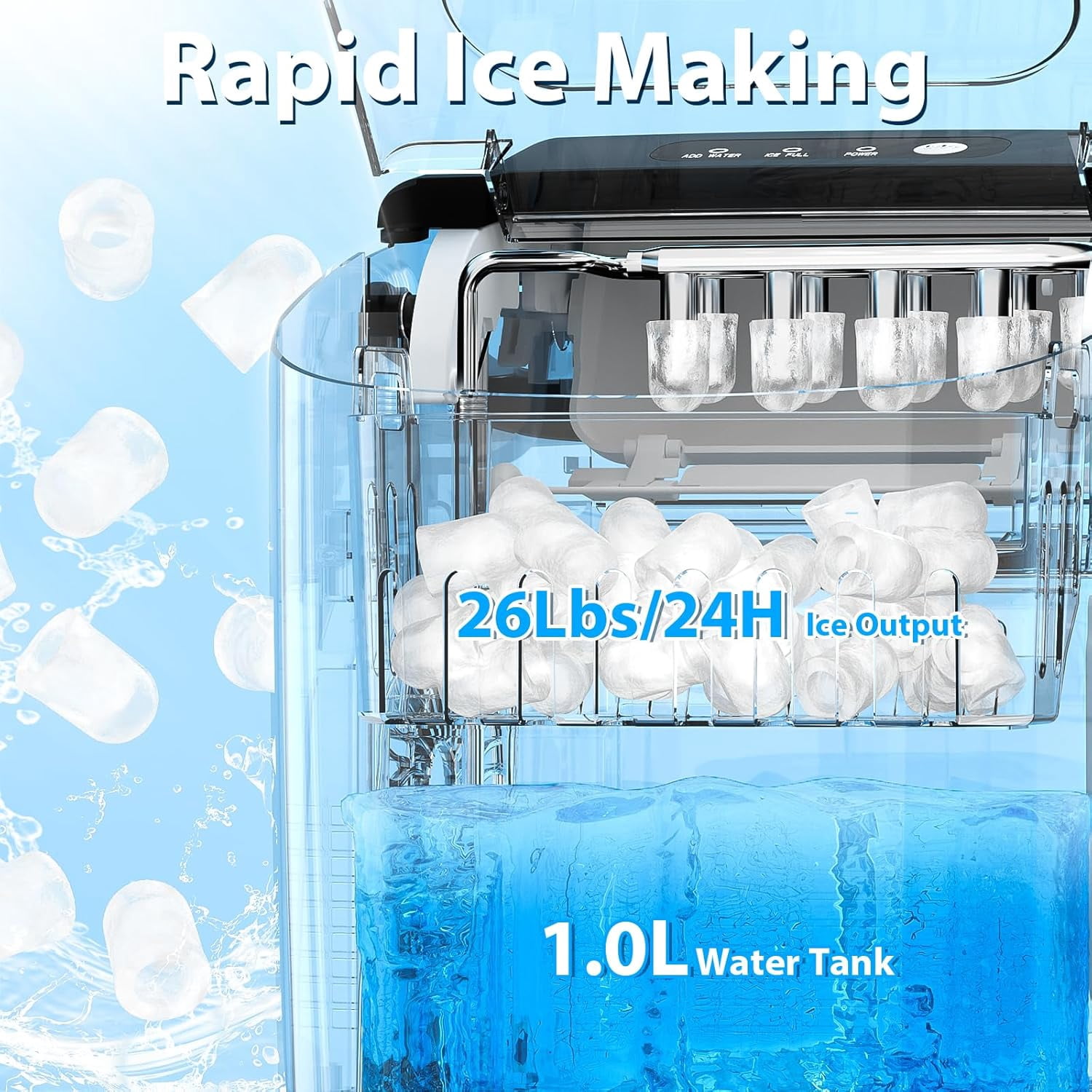 WAA 26lbs Daily Output Portable Ice Maker,9 Pcs Ready in 6 Mins Countertop Ice Machine,Self-Cleaning Compact Electric Ice Maker for Kitchen,Office,Party & RV