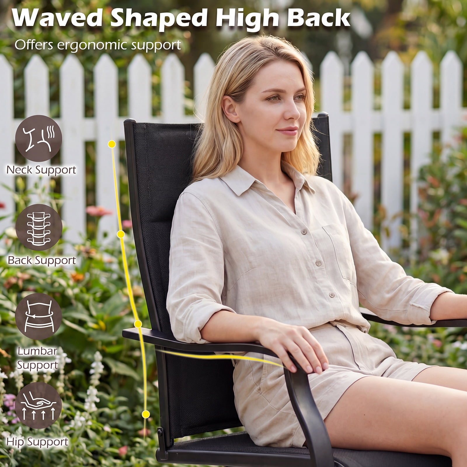Gymax Padded Patio Swivel Chairs Set of 2 Ergonomic Outdoor Dining Chairs w/High Back Black