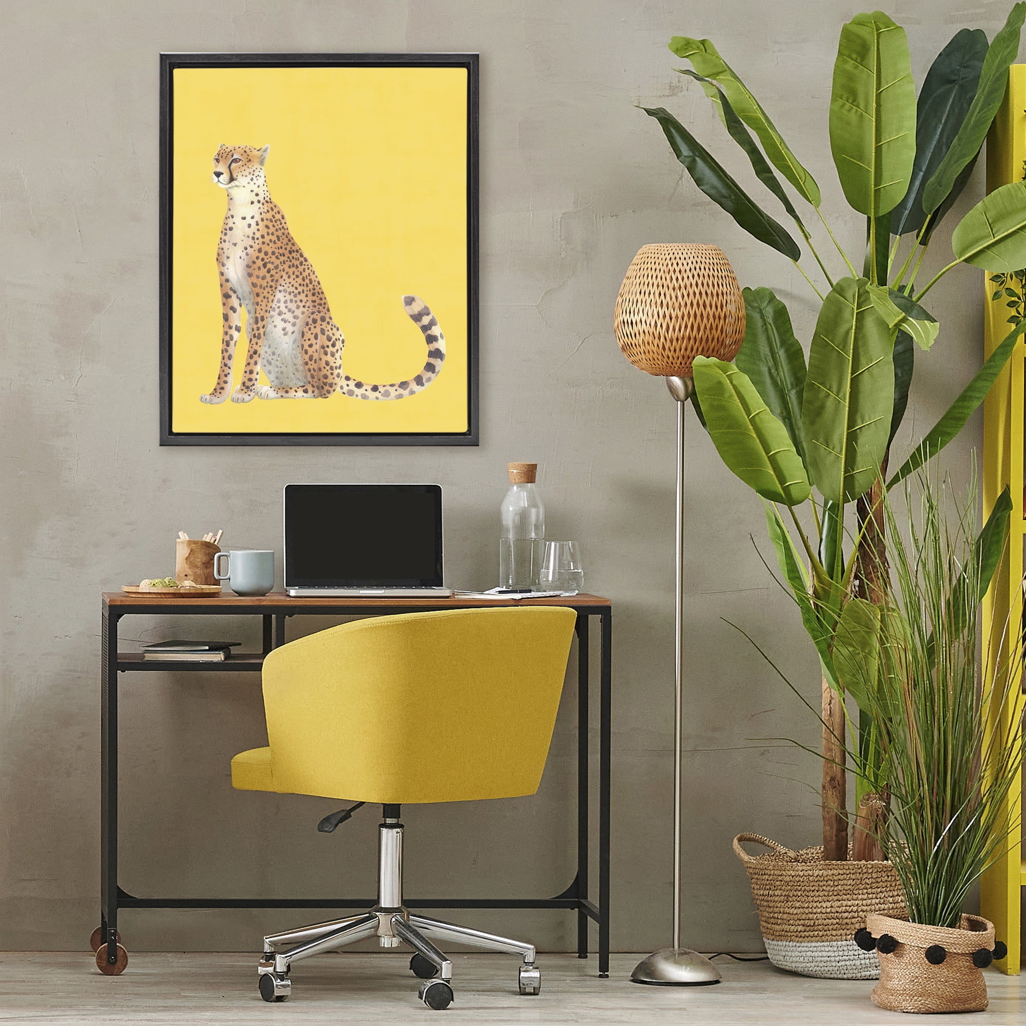 Stupell Industries Cheetah on Vibrant Yellow Black Framed Floater Canvas Wall Art, design by Karolina Sato