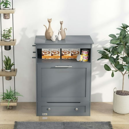 GVN Pet Feeder Station Storage Cabinet, Dog Food Storage Container with Dog Raised Bowls, Watering Supplies, Gray