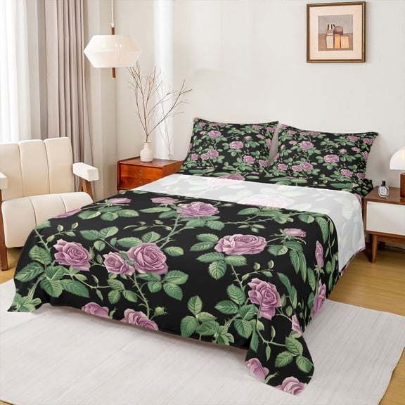 Homewish Kawaii Rustic Flower Twin Sheet Sets,Country Farmhouse Lodge Twin Fitted Sheet,Black Green Pink Flat Sheet For Girl,Microfiber Bedroom Decor,3-Piece