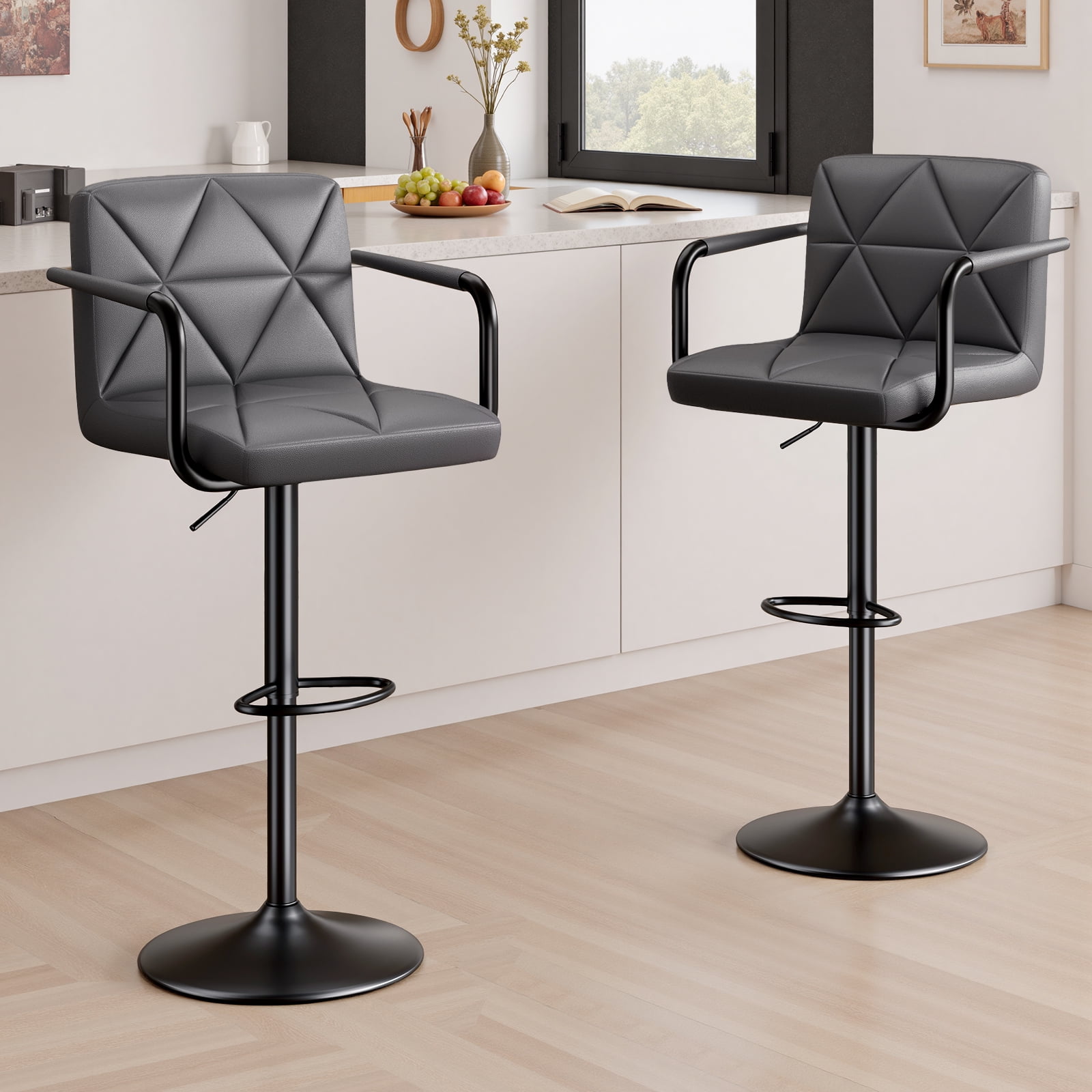 Daluvenix Bar Stools Set of 2， PU Leather Adjustable Swivel Barstools，Hydraulic Counter Height Bar Chairs with Armrest Back for Kitchen Island，Gray