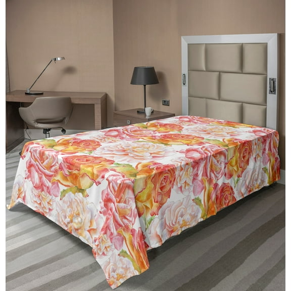Ambesonne Floral Flat Sheet, Watercolor Art Roses, Twin Size, Coral Orange White