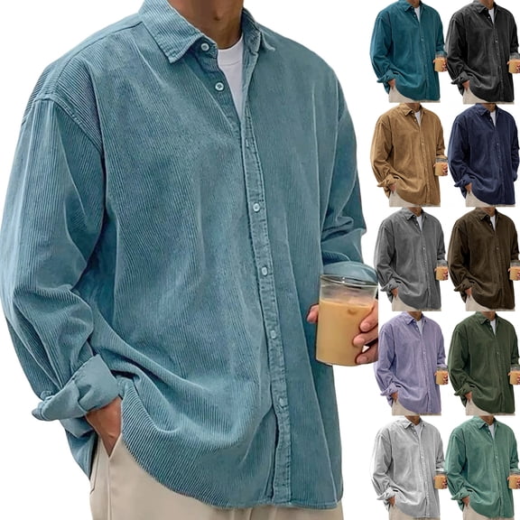 BRANROY Long Sleeve Shirts for Men - Casual Solid Corduroy Thickened Button-Front Loose Fit Shirt for Cool Weather,Army Green L