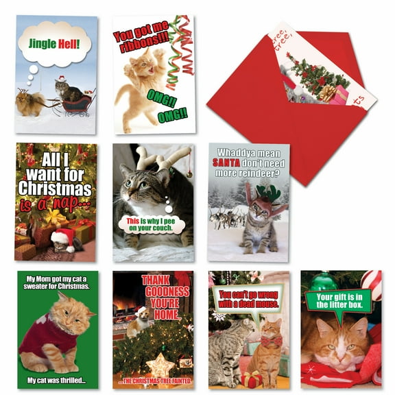10 Assorted Set Funny Christmas Greeting Cards - PetiGreet Cats - Funny, Frisky Noel Felines