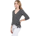 thumbnail image 1 of Fashion Latitude 3/4 Sleeve Surplice Long Sleeve Side Tie Striped Wrap Top Blouse (Black &White, X-Large), 1 of 3