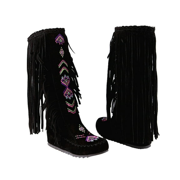 Fesfesfes Tall Boots For Teen Girls Plus Size Fall Winter Ethnic Style Retro Tassel Inner Sloping Heel Flat High Warm Plush Boots US:7(39)