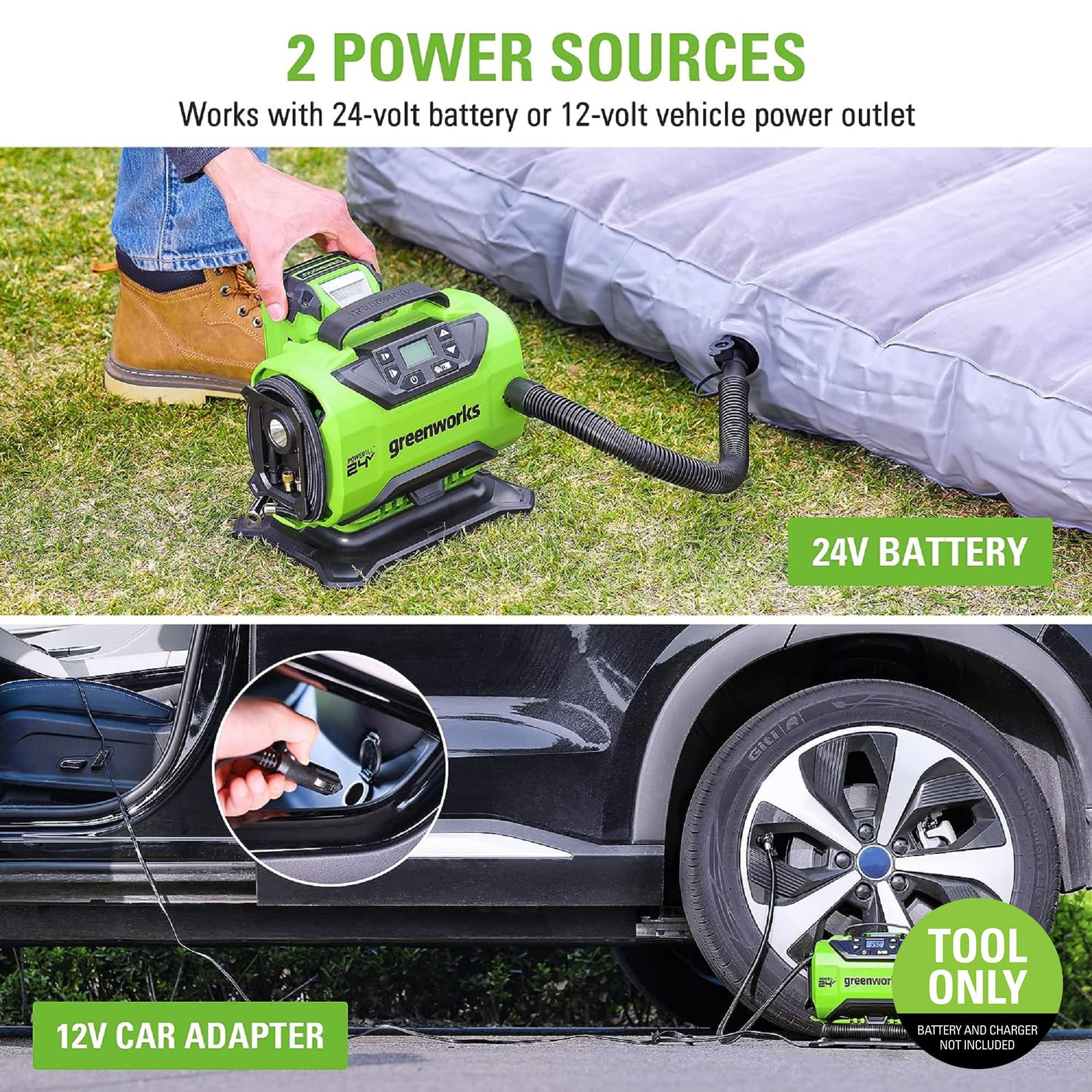 Greenworks 24V Cordless Tire Inflator 160 PSI Portable Air Compressor, Tool Only