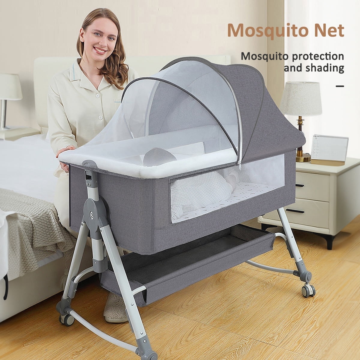 JieC 5-in-1 Baby Bassinet with Wheel,Adjustable Height Infant Bedside Crib with Diaper Table & Mosquito Net, Gray