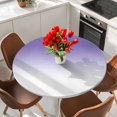 thumbnail image 2 of Minimalist Purple Round Fitted Table Cover and White Gradient Waterproof Table Cloth with Elastic Edge Wipeable Tablecloth for Picnic Camping Party Fits 55"-60" Diameter, 2 of 8