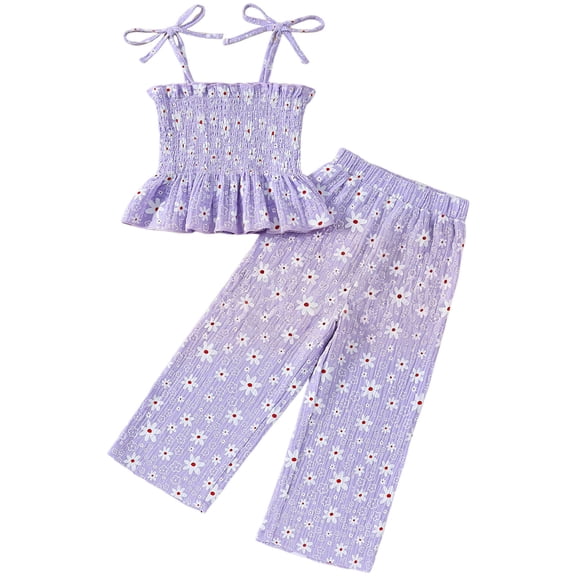 Wxirdiow Kids Girls Summer Clothes Girls Summer 2 Piece Outfits Kids Cap Sleeve Tops Wide Leg Pants Clothing Sets Light Purple Size,6-7 Years