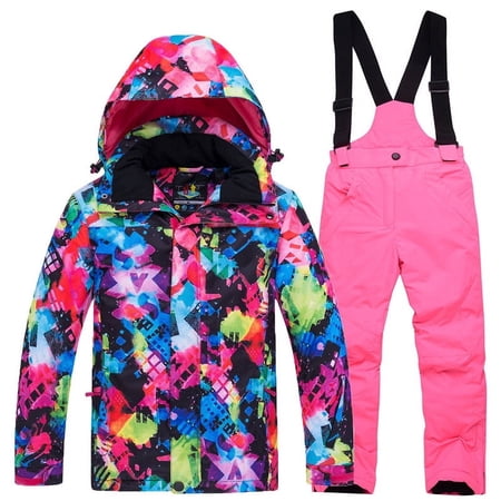 Xfvqtps Ski Jacket and Pant Set Snowboarding Snowsuit Adjustable Drawstring Hooded Coat Colorful Print Adjustable Overalls Waterproof Windproof Winter Warm Ski Suits Pink