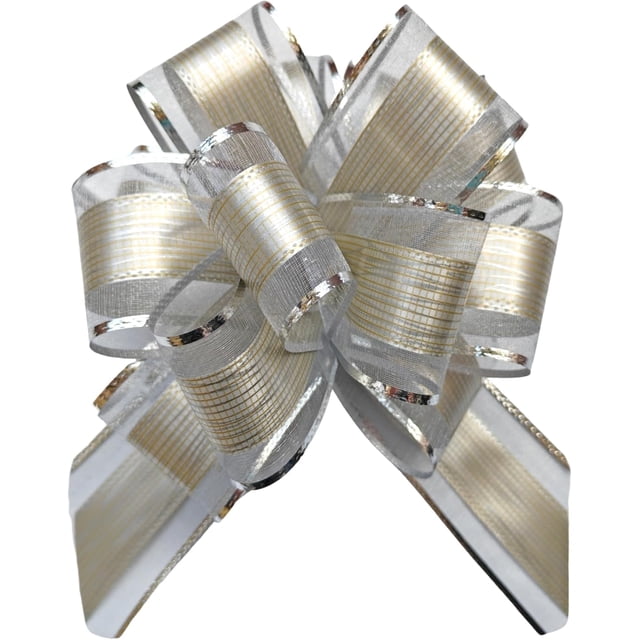 jefyghe 6 PCS Large Pull Bows 6 Inch Trimmed Striped Silver Bows for Gift Wrapping Wedding Basket Birthday Party Gift Boxes and Flower Decorations